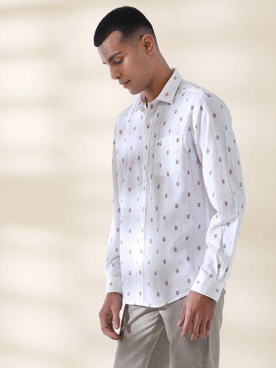 Cotton Linen White Printed Full Sleeve Casual Shirt