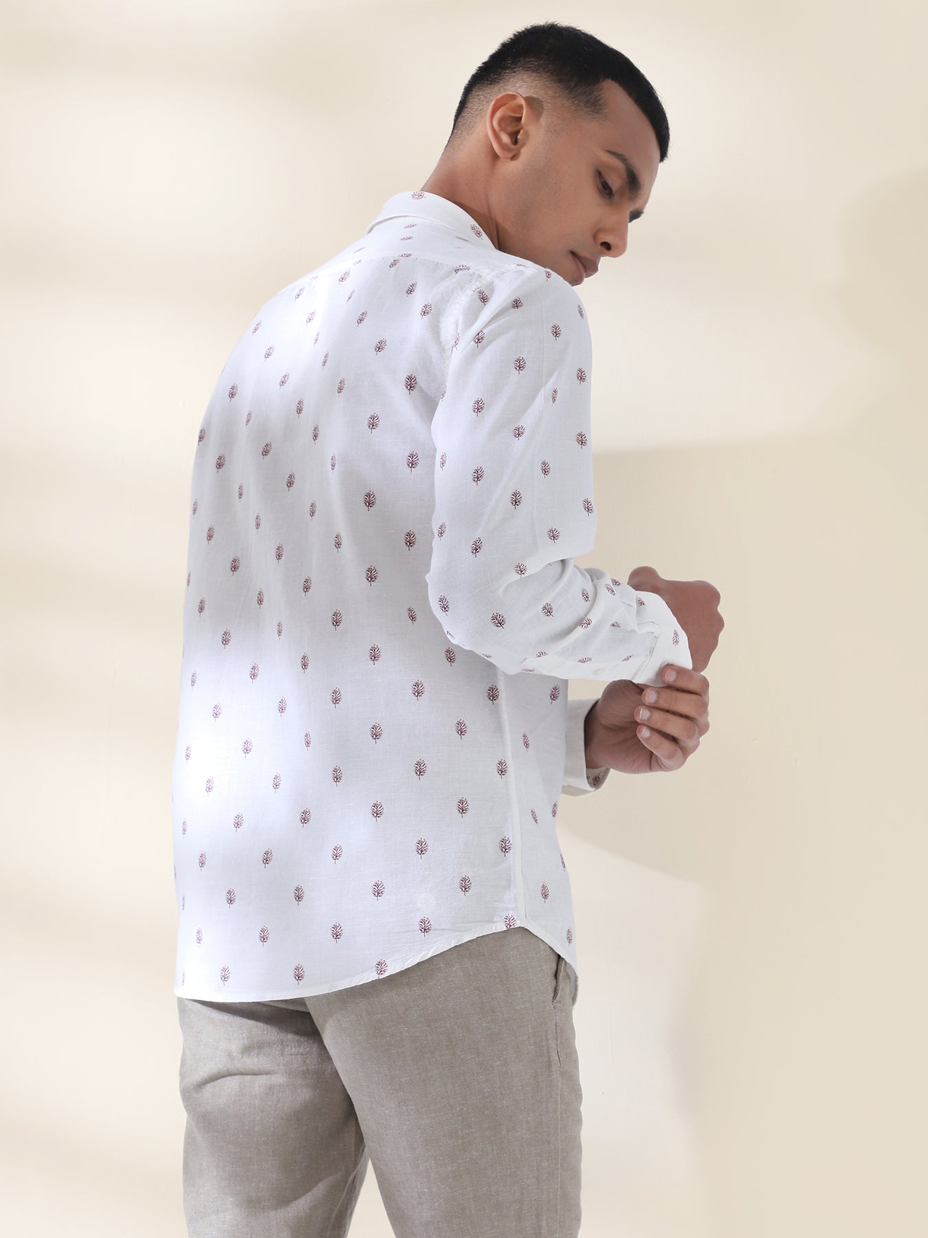 Cotton Linen White Printed Full Sleeve Casual Shirt