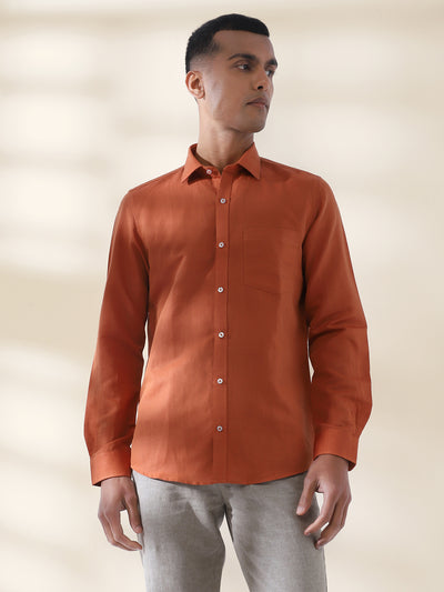 Cotton Linen Orange Plain Full Sleeve Formal Shirt