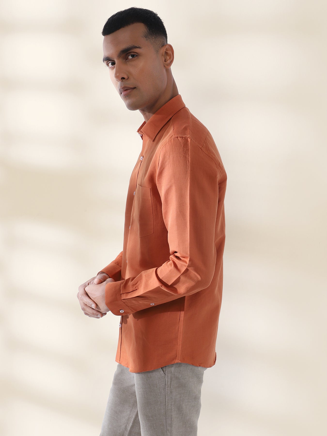 Cotton Linen Orange Plain Full Sleeve Formal Shirt