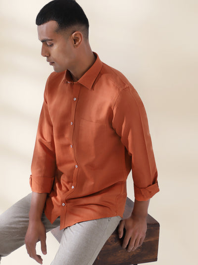 Cotton Linen Orange Plain Full Sleeve Formal Shirt