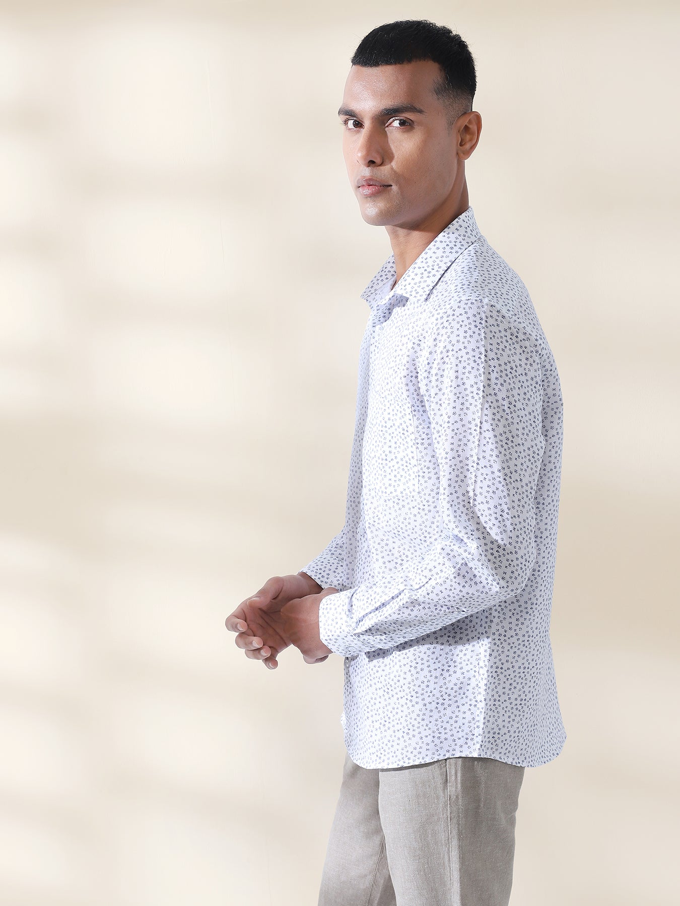 Cotton Linen White Printed Full Sleeve Formal Shirt