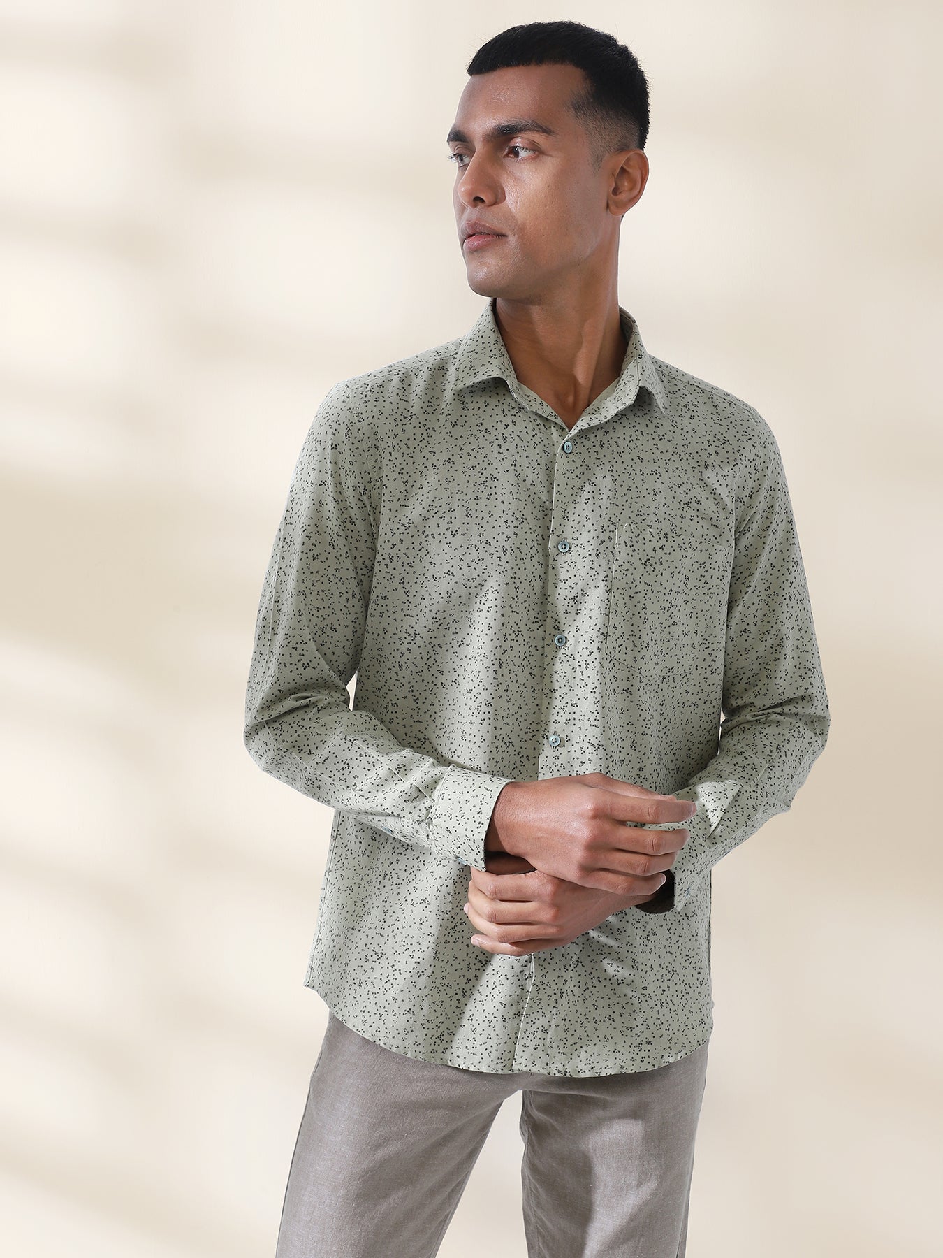 Cotton Linen Olive Printed Full Sleeve Formal Shirt