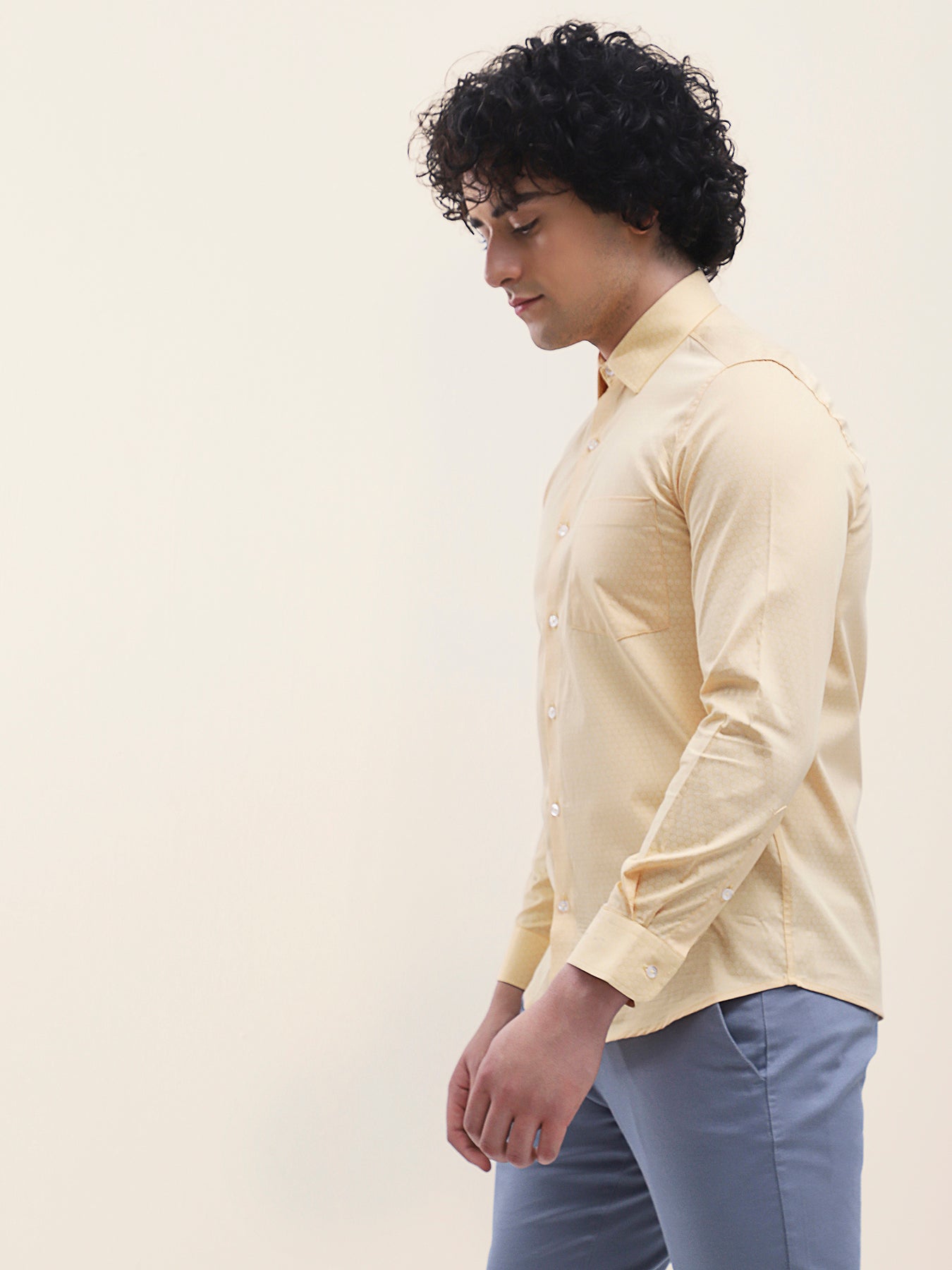Cotton Yellow Printed Full Sleeve Formal Shirt