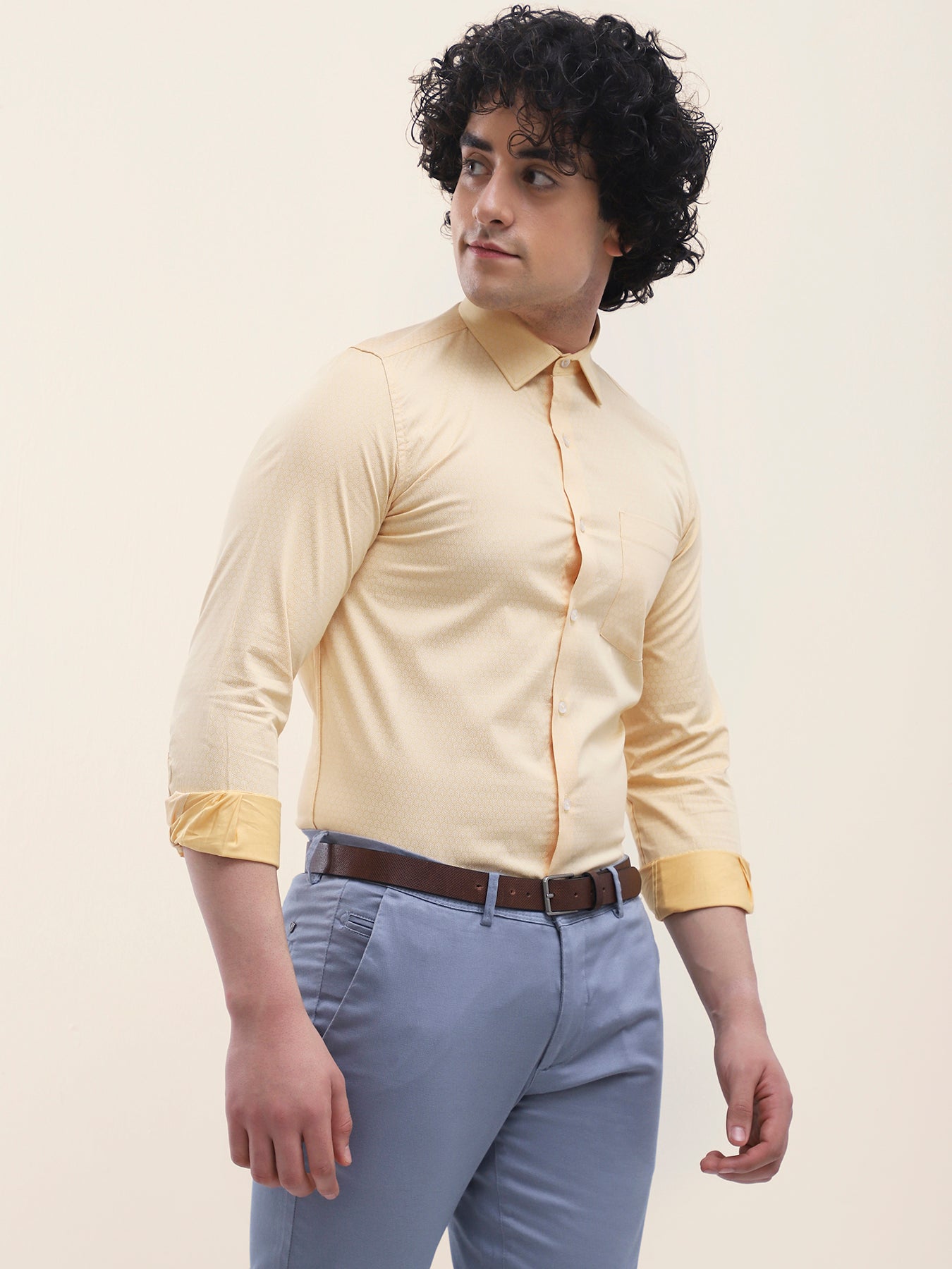 Cotton Yellow Printed Full Sleeve Formal Shirt