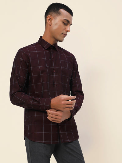 Cotton Maroon Checkered Full Sleeve Formal Shirt