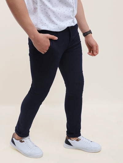 Cotton Stretch Navy blue Checkered Flat Front Casual Trouser