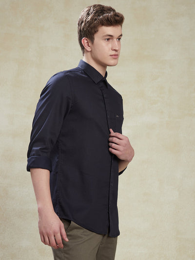 Cotton Stretch Navy Blue Slim Fit Full Sleeve Casual Mens Shirt