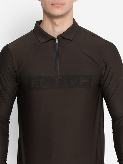 Olive Full Sleeve Polo T-Shirt for Men