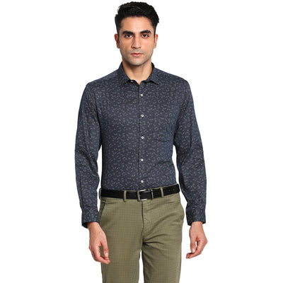 Cotton Navy Blue Regular Fit Printed Formal Shirt