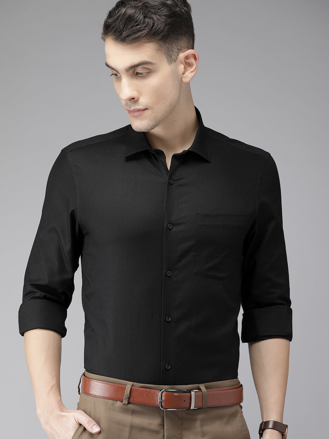 Black Cotton Self Design Slim Fit Shirts
