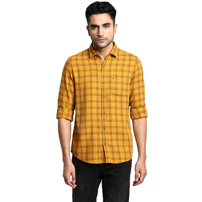 Turtle Men Cotton Yellow Slim Fit Checked Casual Shirts