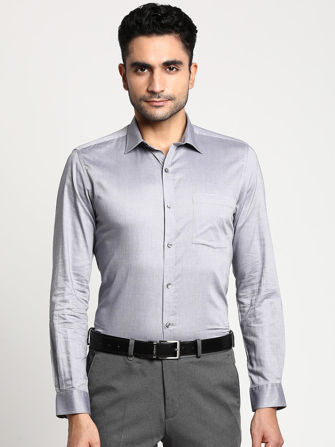 Cotton Grey Slim Fit Solid Casual Shirt