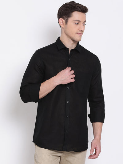 Black Linen Solid Slim Fit Shirts