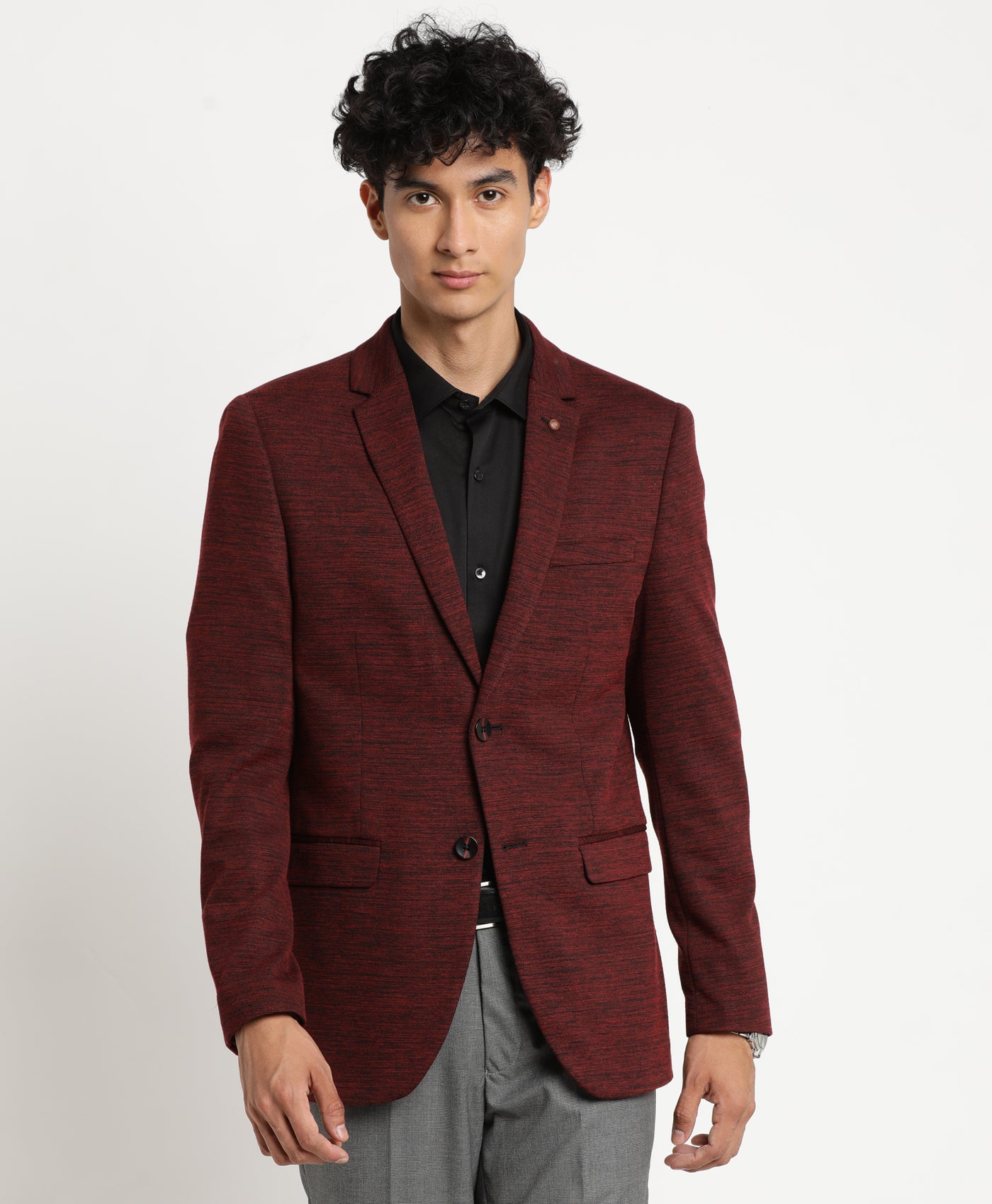 Maroon Knitted Self Design Casual Blazer