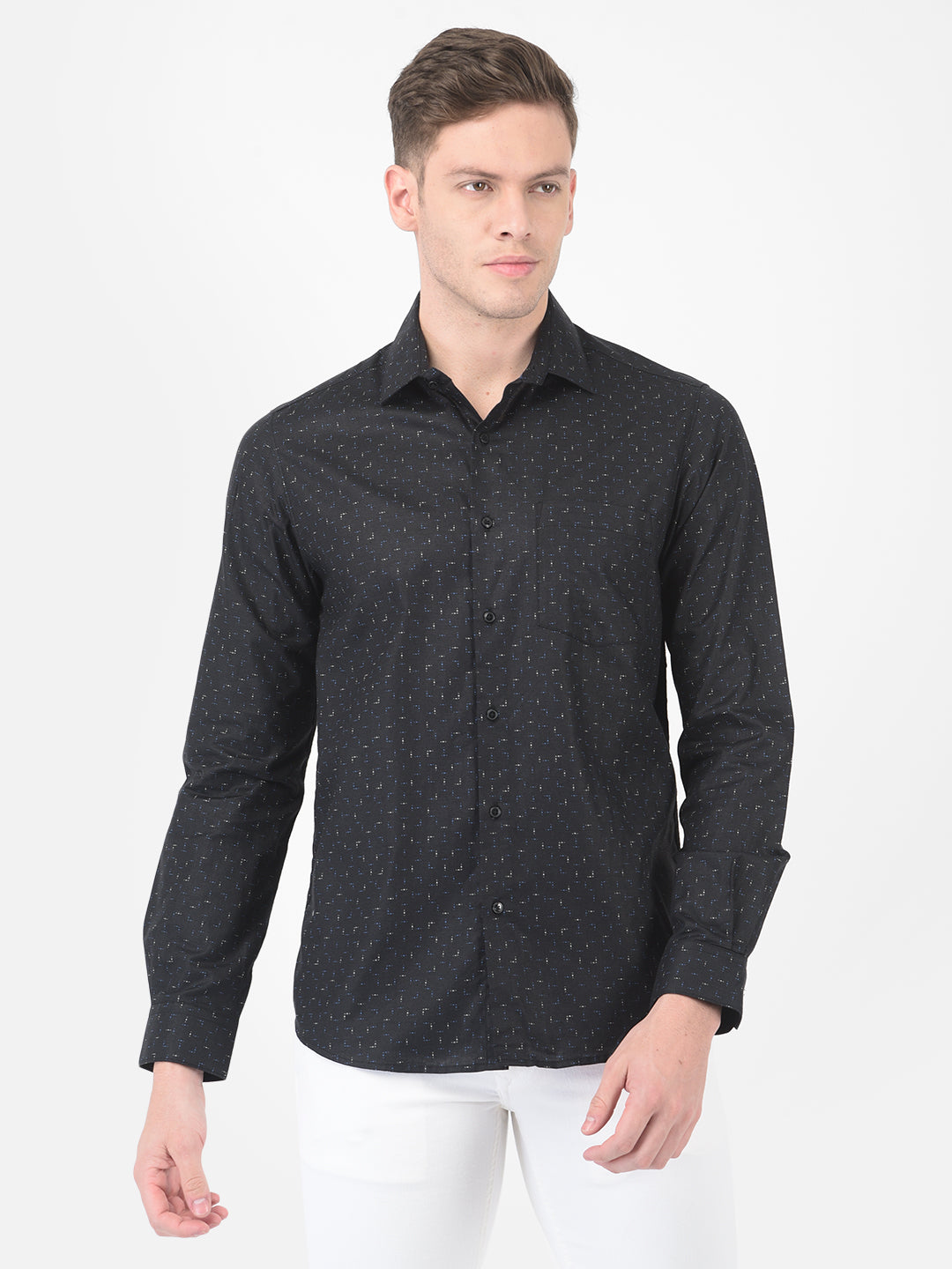 Cotton Linen Black Regular Fit Printed Shirt