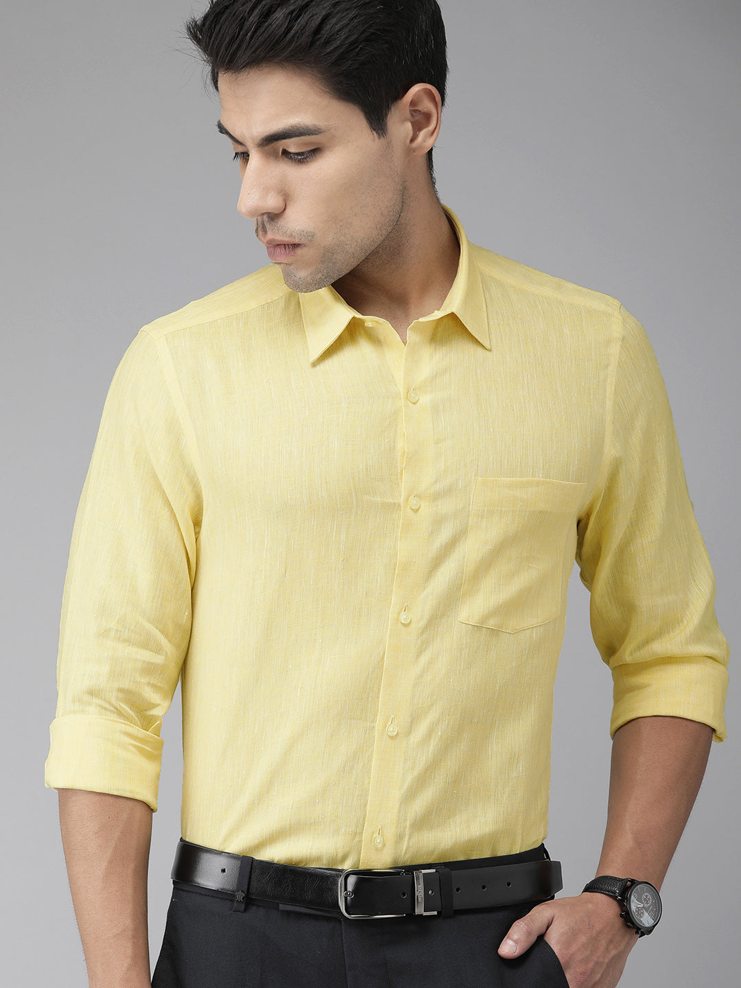 Light Yellow Linen Solid Slim Fit Shirt
