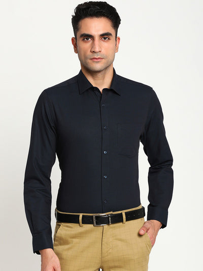Giza Cotton Navy Blue Slim Fit Self Design Formal Shirts