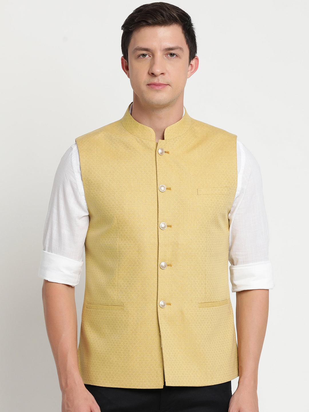 Turtle Men Gold Yellow Self Design Nehru Jacket