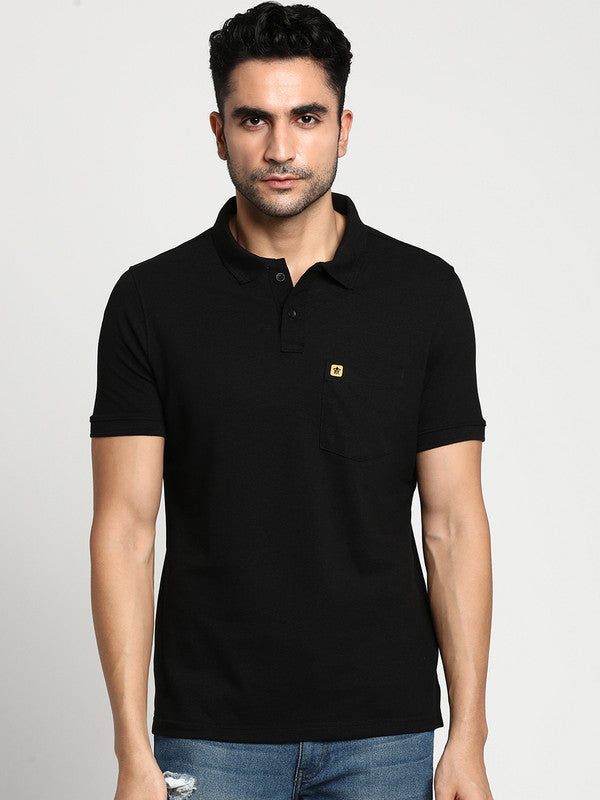 Turtle Men Essentials Black Solid Polo T-Shirts