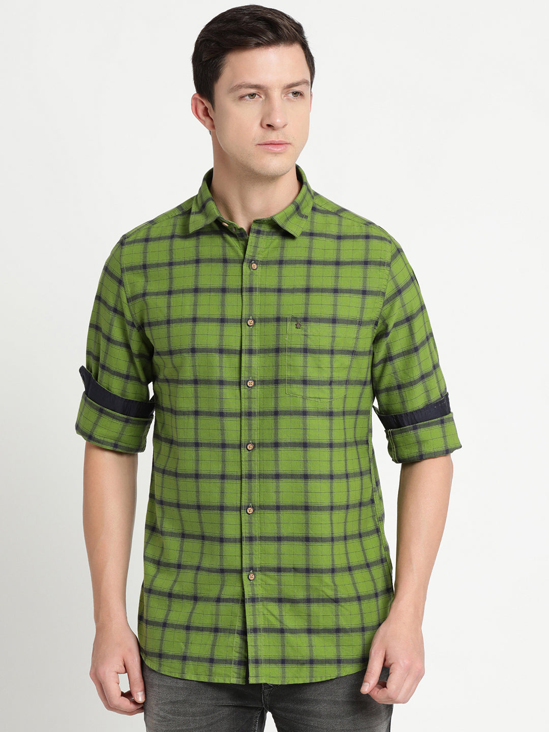 Turtle Men Green Cotton Checked Slim Fit Casual Shirts