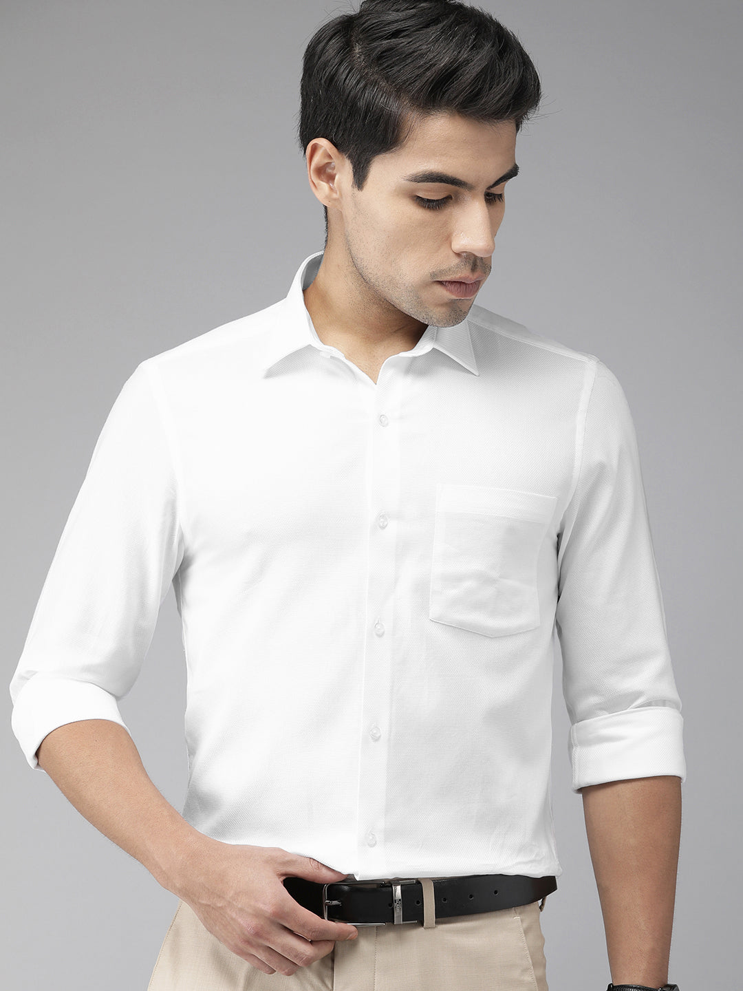 White Cotton Self Design Slim Fit Shirts