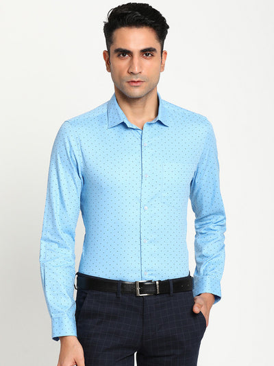 Cotton Sky Blue Slim Fit Self Design Formal Shirt