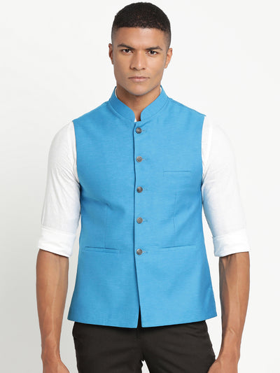 Turtle Men Blue Solid Nehru Jacket