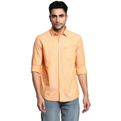 Cotton Orange Slim Fit Striped Casual Shirt