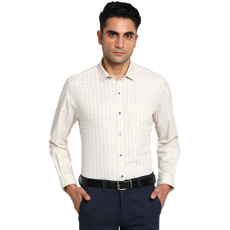 Cotton Off White Regular Fit Checked Formal Shirt