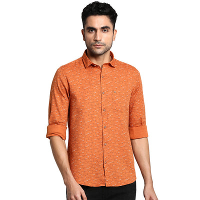 Cotton Orange Slim Fit Printed Casual Shirt