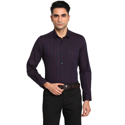 Cotton Navy Blue Slim Fit Checked Formal Shirts