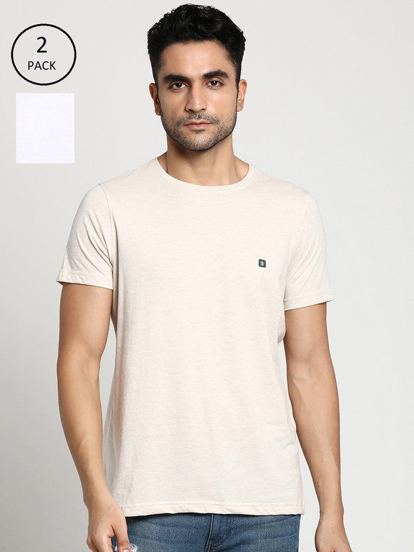 Essentials Cream-White Solid Round Neck T-Shirt (Pack of 2)
