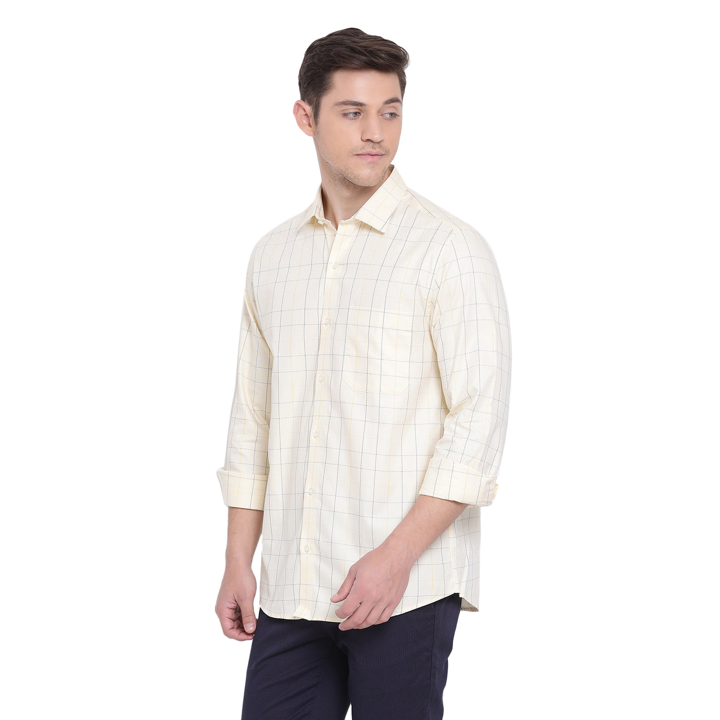 Beige Cotton Self Design Slim Fit Shirts