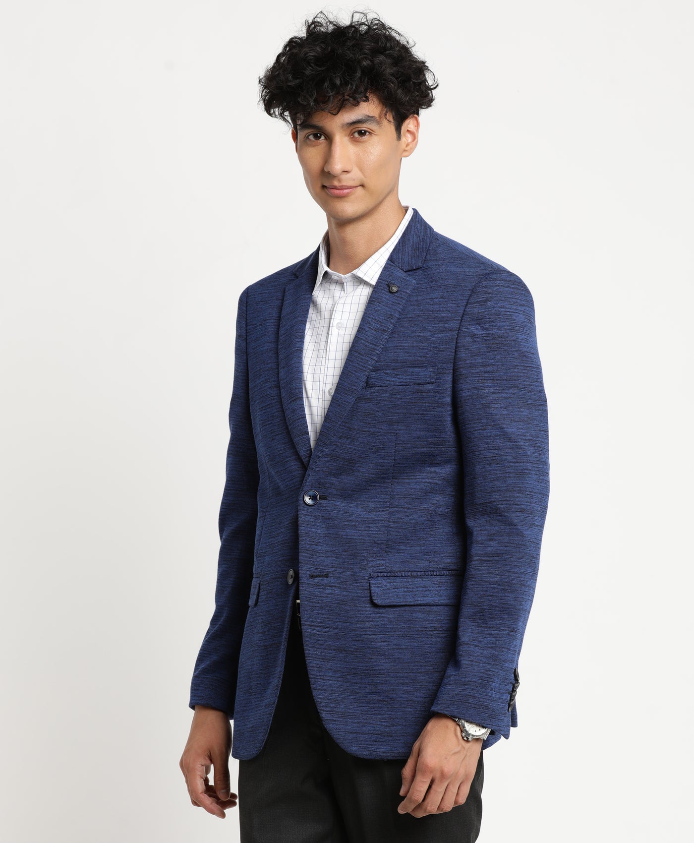 Navy Blue Knitted Self Design Casual Blazer
