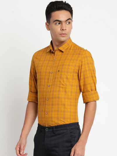 Cotton Yellow Checked Slim Fit Casual Shirt