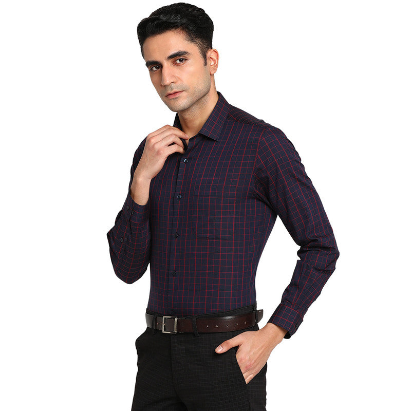 Cotton Navy Blue Slim Fit Checked Formal Shirts
