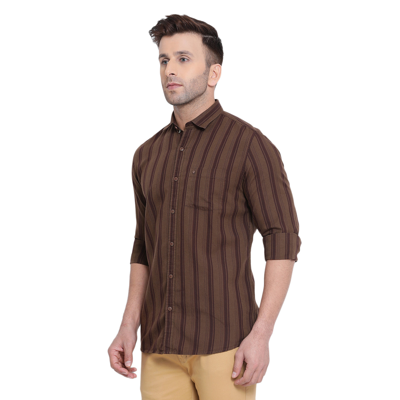 Turtle Men Brown Cotton Striped Slim Fit Shirts