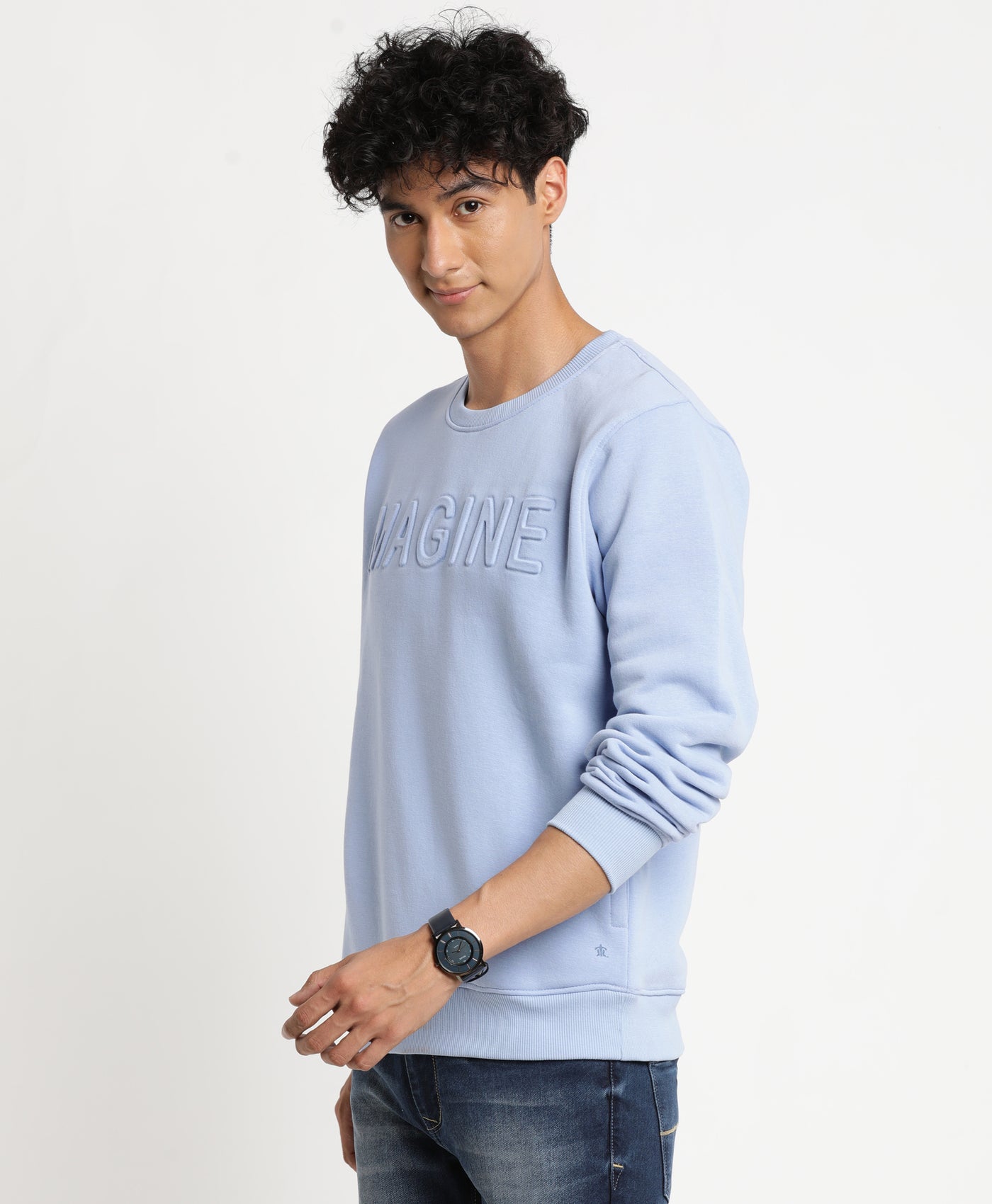 Light Blue Solid Round Neck Knitted SweatShirt