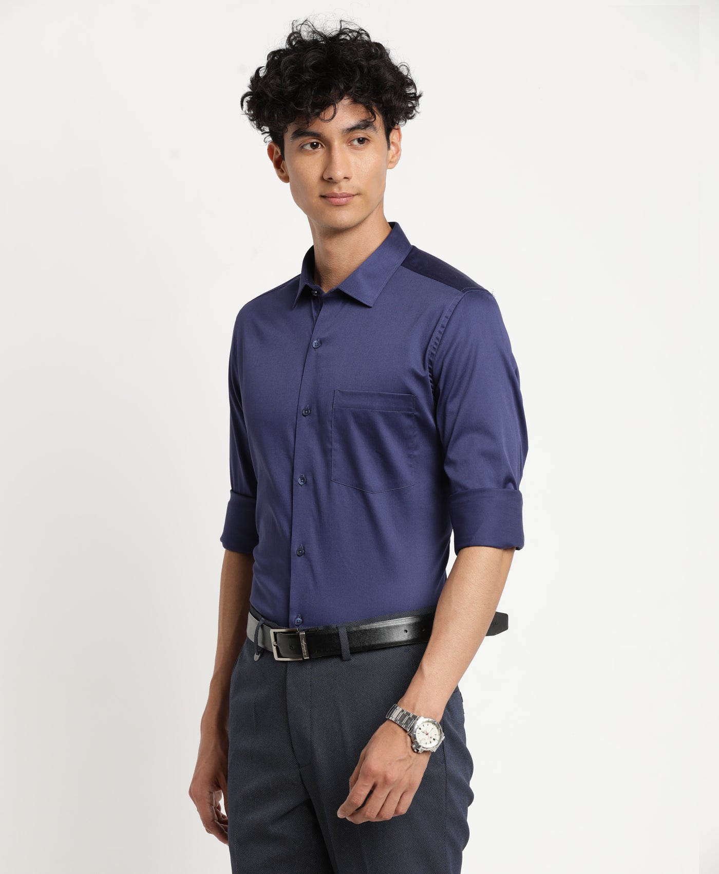 Navy Blue Cotton Solid Slim Fit Ceremonial Shirts