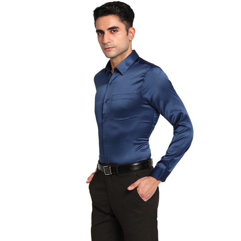 Satin Navy Blue Slim Fit Solid Formal Shirts