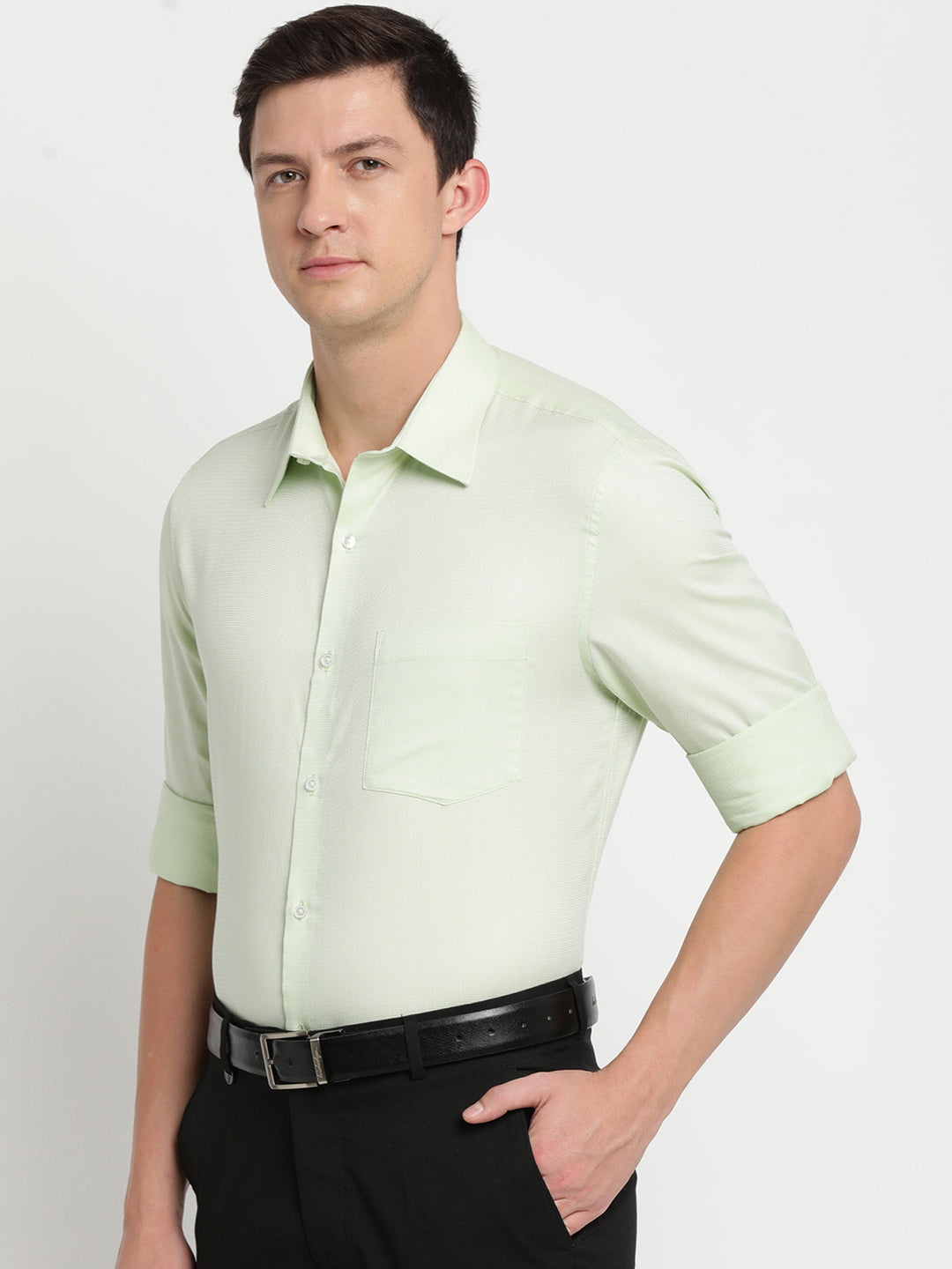 Light Green Cotton Self Design Slim Fit Shirts