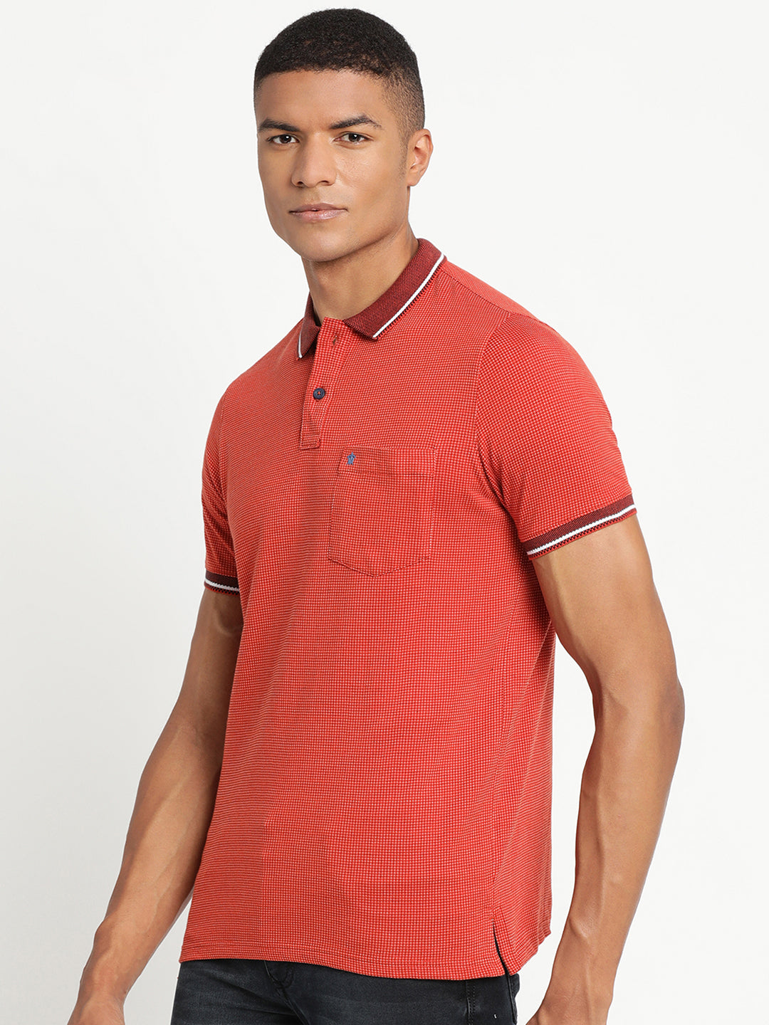 Red Self Design Polo Neck T-Shirt