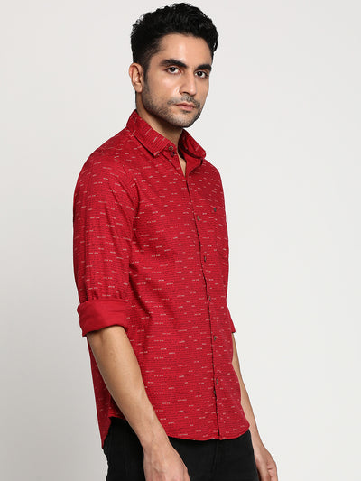 Cotton Red Slim Fit Printed Casual Shirt