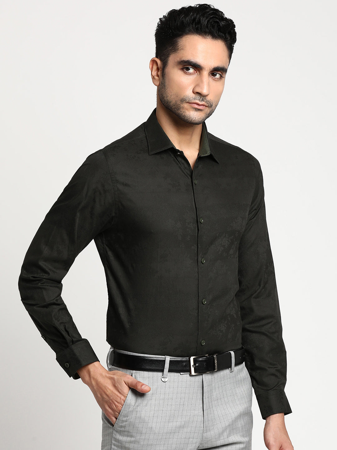 Cotton Black Slim Fit Self Design Ceremonial Shirt