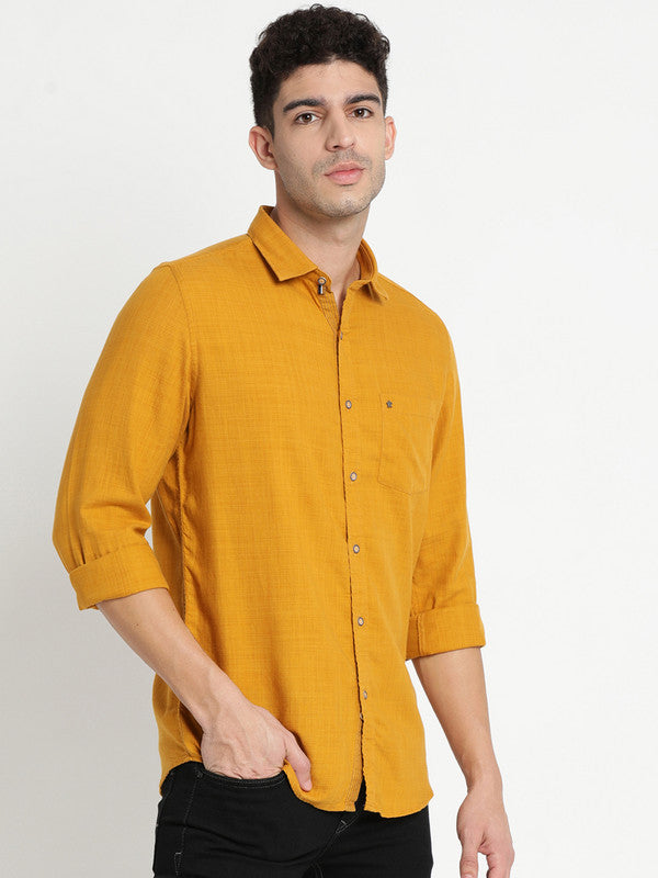 Yellow Cotton Solid Slim Fit Casual Shirt