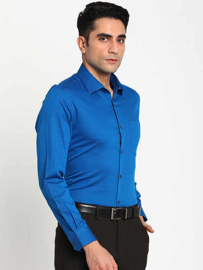 Blue Cotton Self Design Regular Fit Shirt