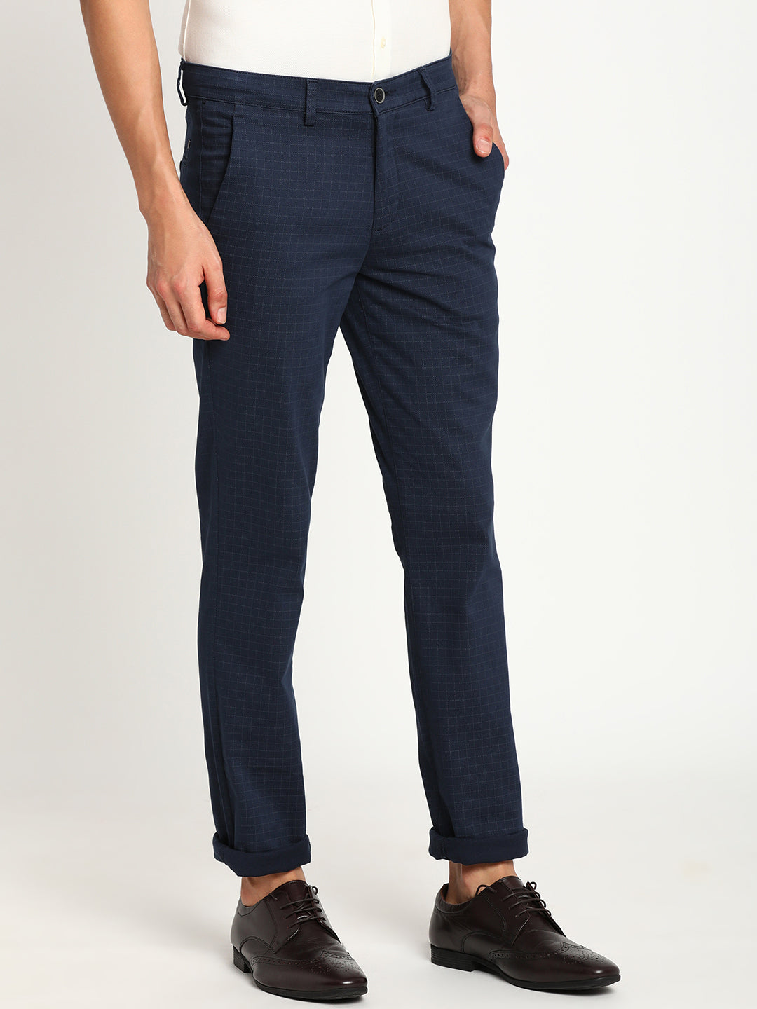 Cotton Stretch Navy Blue Checked Ultra Slim Fit Trouser