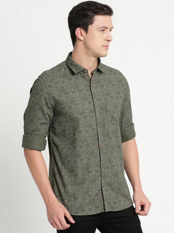 Olive Cotton Printed Slim Fit Casual Shirt