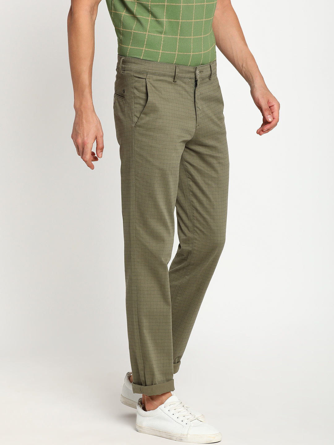 Cotton Stretch Olive Checked Ultra Slim Fit Trouser
